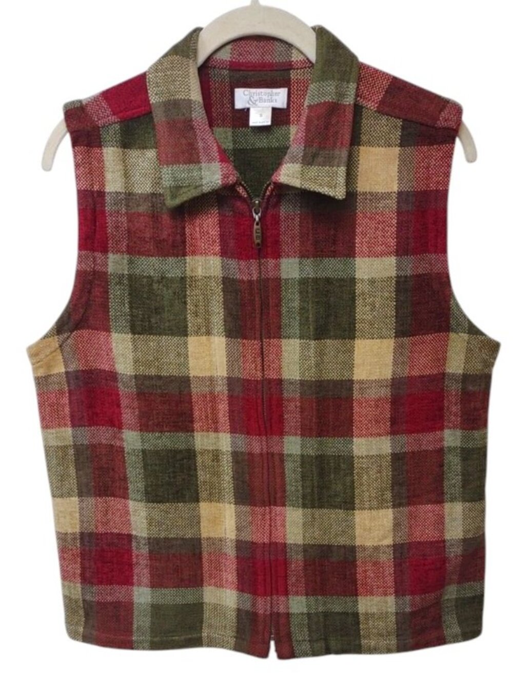 Christopher & Banks Women's Vintage Red Green Beige Tartan Plaid Full Zip Vest